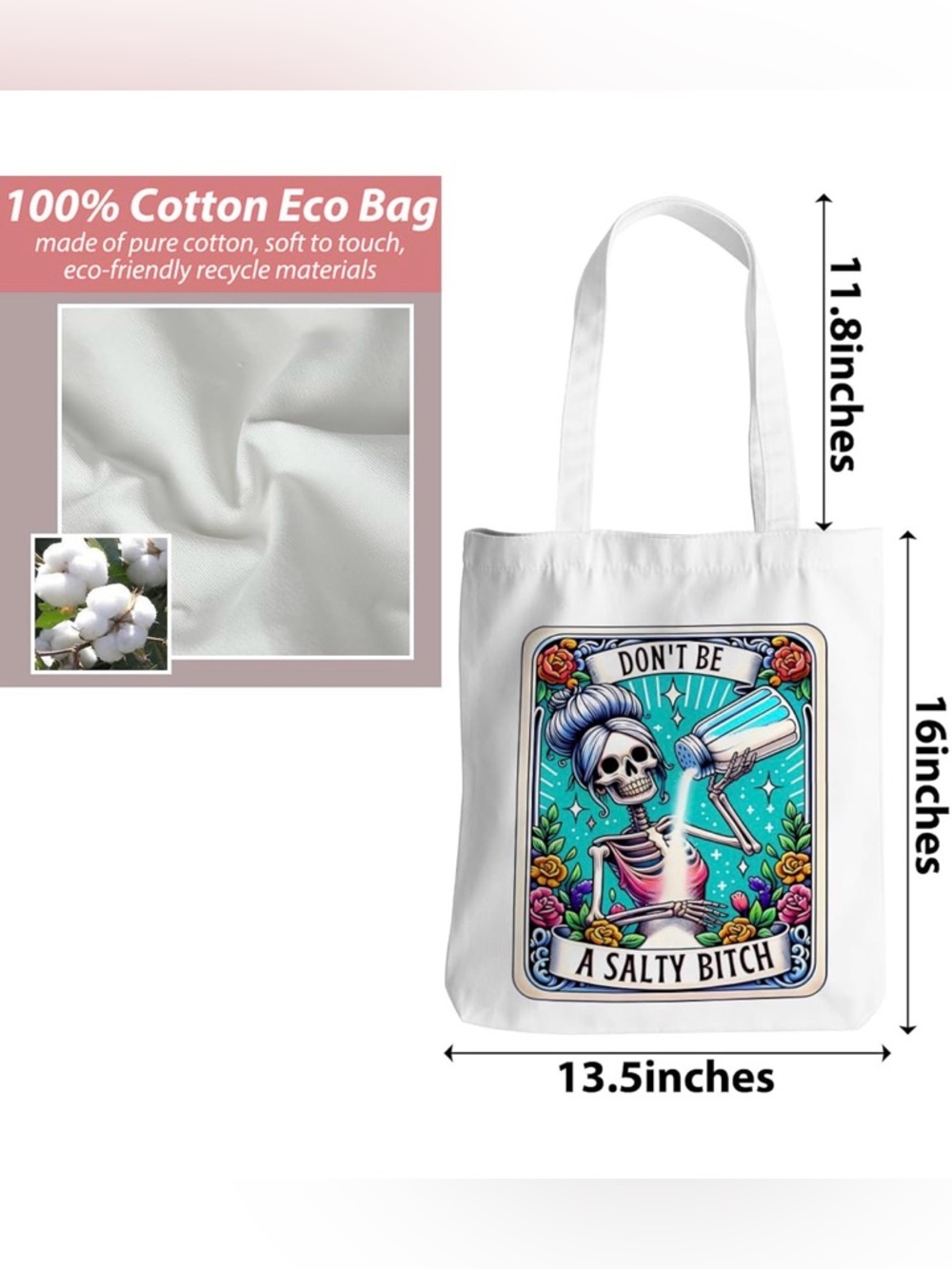 NWT Don't Be A Salty B!tch Skeleton Tote Bag Cotton Eco-Friendly Tarot Style - Picture 5 of 7